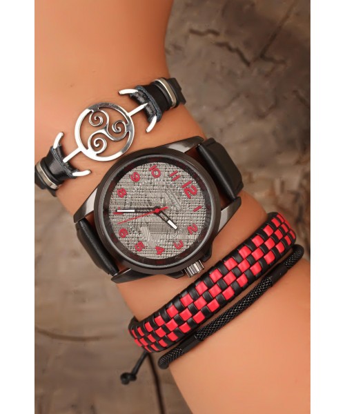 Siyah Renk Deri Kordonlu Füme Renk Metal Desenli Kasa Erkek Saat Ve Deri Bileklik Kombini