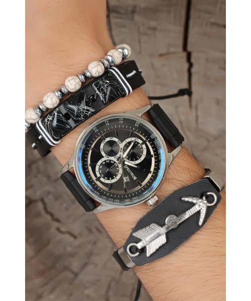 Siyah Silikon Kordonlu Silver Renk Metal Spor Kasa Erkek Saat Ve Deri Bileklik Kombini