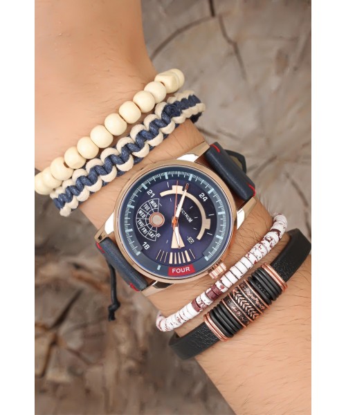 Lacivert Deri Kordonlu Rose Renk Metal Spor Kasa Erkek Saat Kombini Lacivert Deri Kordonlu Rose Renk Metal Spor Kasa Erkek Saat Kombini