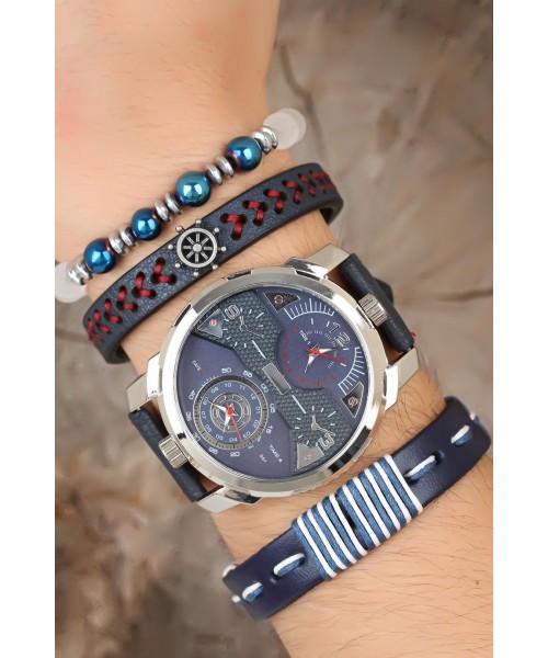 Silver Renk Kaplama Metal Kasa Lacivert Renk Deri Kordonlu Erkek Kol Saati Ve Deri Bileklik Kombini