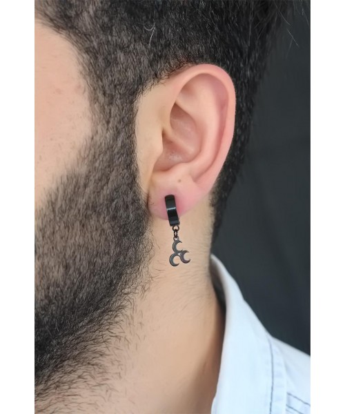 Siyah Renk Kaplama 3 Hilal Figürlü Çelik Kıstırmalı Erkek Küpe