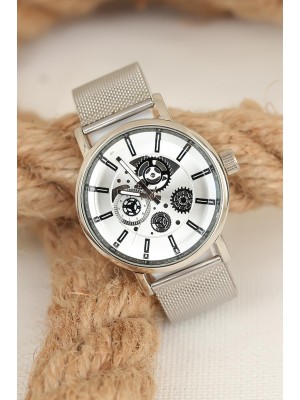 Silver Renk Hasır Metal Kordonlu Metal Kasa Erkek Kol Saati