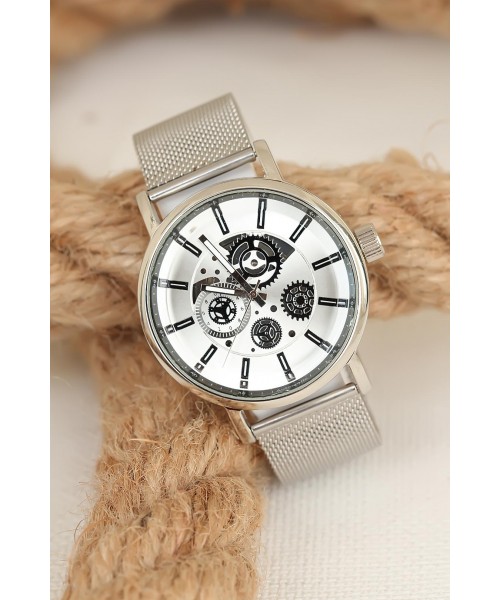 Silver Renk Hasır Metal Kordonlu Metal Kasa Erkek Kol Saati