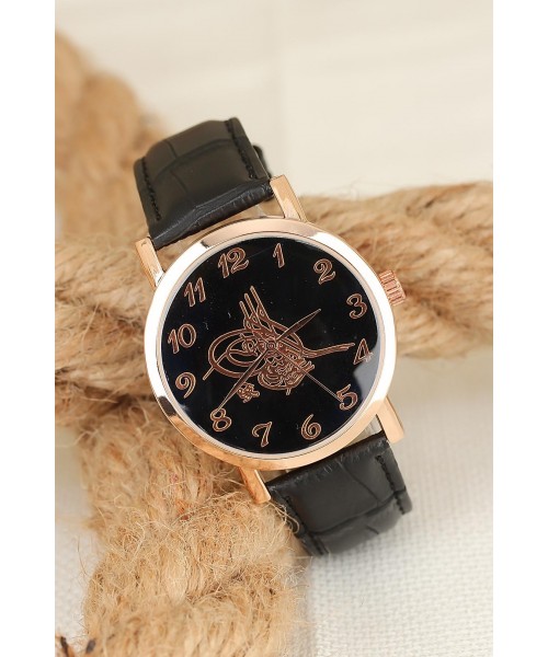 Siyah Deri Kordonlu Rose Renk Metal Kasa Osmanlı Tuğralı Erkek Saat Siyah Deri Kordonlu Rose Renk Metal Kasa Osmanlı Tuğralı Erkek Saat