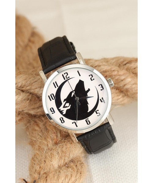 Siyah Deri Kordonlu Silver Renk Metal Kasa Bozkurtlu Erkek Saat Siyah Deri Kordonlu Silver Renk Metal Kasa Bozkurtlu Erkek Saat
