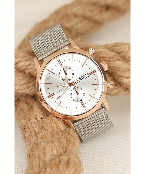 Silver Hasır Metal Kordonlu Takvimli Clariss Marka Erkek Saat