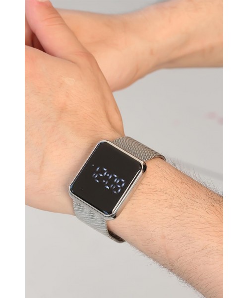 Silver Renk Hasır Metal Kordonlu Kare Kasa Dijital Erkek Kol Saati