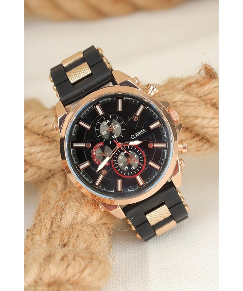 Siyah Silikon Kordonlu Rose Renk Spor Metal Kasa Clariss Erkek Kol Saati