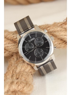 Silver Füme Renkli Hasır Metal Kordonlu Metal Kasa Clariss Marka Erkek Kol Saati