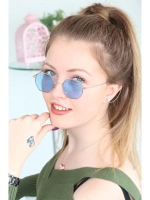 Mavi Renk Gold Çerçeve Retro Bayan Güneş Gözlüğü