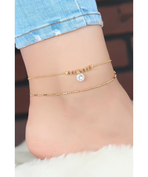 Zirkon Taşlı Gold Çift Zincir Halhal Zirkon Taşlı Gold Çift Zincir Halhal