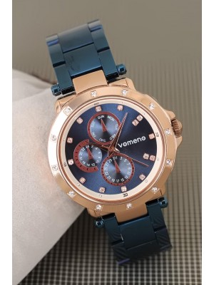 Vomeno Marka 2 Yıl Garantili Lacivert Renk Metal Kordon Spor Kasa Bayan Kol Saati