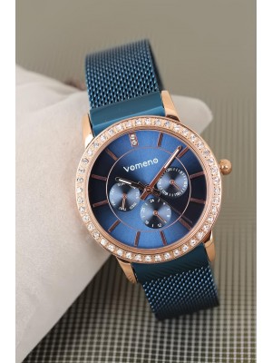 Vomeno Marka 2 Yıl Garantili Lacivert Renk Hasır Metal Kordon Taşlı Kasa Bayan Kol Saati