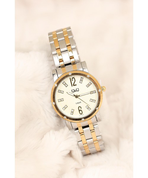 Q&amp;Q Marka Silver Gold Kaplama Metal Kordonlu Taşlı Kasa 2 Yıl Garantili Bayan Kol Saati
