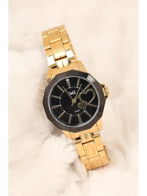 Q&amp;Q Marka Gold Kaplama Metal Kordonlu Kalpli Kasa 2 Yıl Garantili Bayan Kol Saati