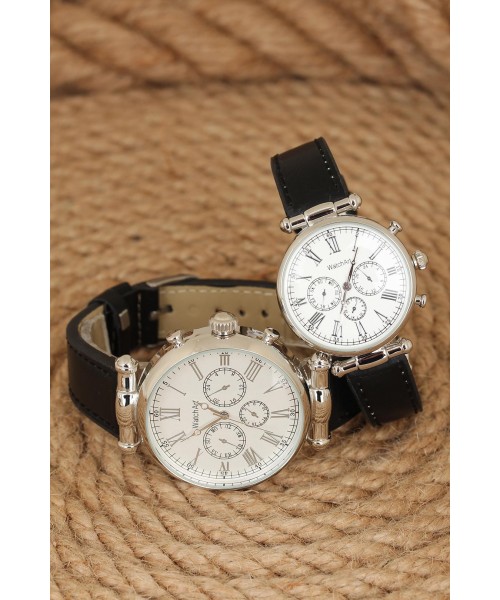 Siyah Deri Kordonlu Beyaz Renk İç Tasarımlı Silver Renk Metal Kasa Sevgili Saatleri