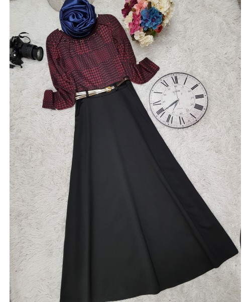 Yakası Düğmeli Elbise -Bordo