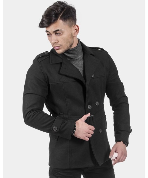 Kuşaklı Çift Düğme Erkek Kaşe Mont Kaban