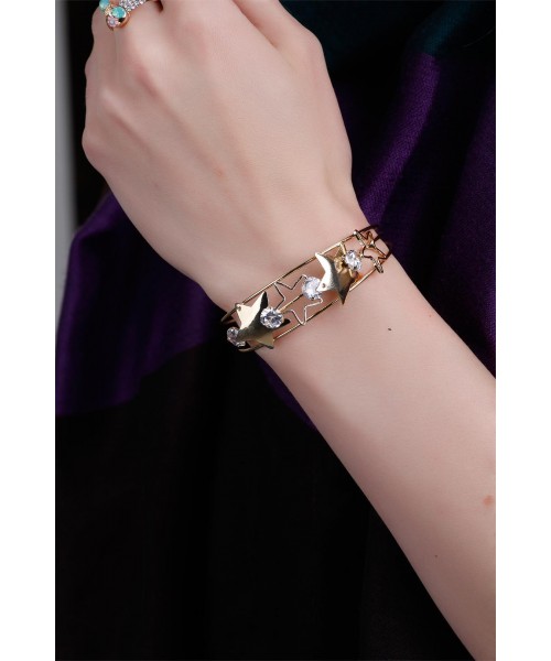 Yıldızlı Sarı Kaplama Parlak Taşlı Kelepçe Model Bayan Bileklik