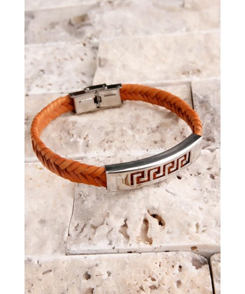 Turuncu Deri Kordonlu Üzeri Demir Tasarım Erkek Bileklik